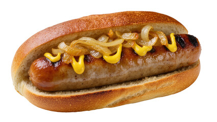 Naklejka premium Isolated grilled sausage hot dog with mustard and delicious caramelized onions in a fresh bun