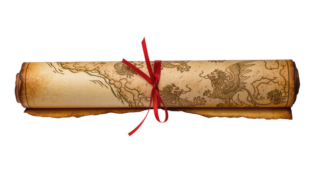 Isolated ancient rolled parchment scroll featuring mythical dragons, old map, and red ribbon bow.