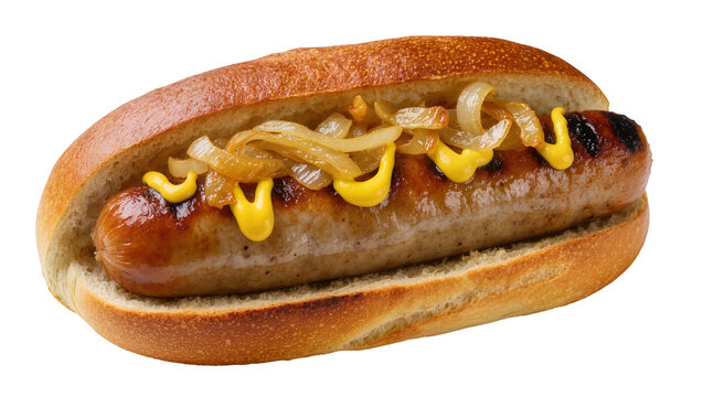 Isolated grilled sausage hot dog with mustard and delicious caramelized onions in a fresh bun