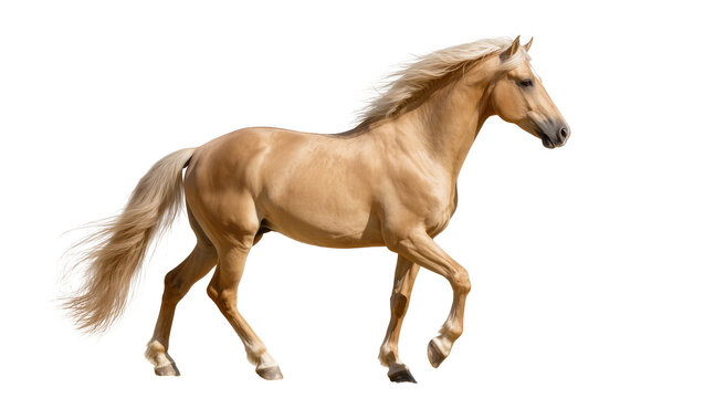 Isolated elegant palomino horse trotting gracefully with its beautiful golden coat, flowing mane and tail