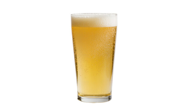 Isolated refreshing pint glass of golden lager beer with a frothy head and vibrant bubbles