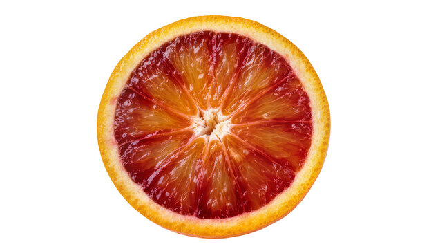 Isolated fresh juicy blood orange fruit slice cross-section, vibrant citrus food