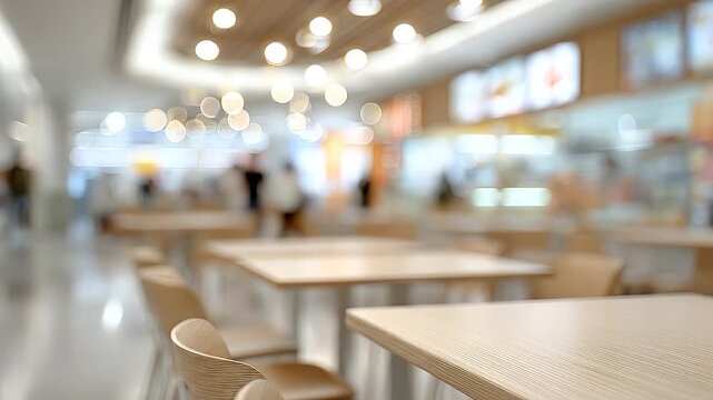 Blurred background of an empty modern food court or restaurant interior