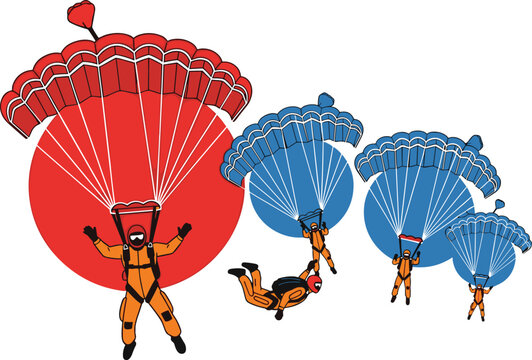 Skydiving Parachute Vector Set with Paratroopers in Action, Extreme Air Sportl Canopies for Adventure, Training and n