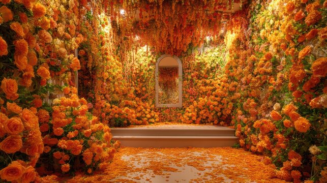 Room inside a house completely covered in warm orange flowers only, energetic mood, empty podium stage in the middle, dense floral layers, 8k
