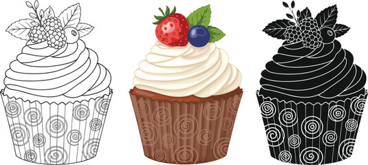 Vector cupcake illustration set with outline, colored, and silhouette styles featuring berry topped frosting deite background for bakery design © Abdullah