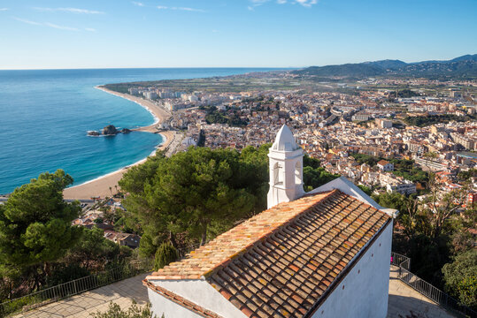 Aerial view of Blanes coastal municipality on Costa Brava from San Joan castle viewpoint, Girona province, Catalonia, Spain