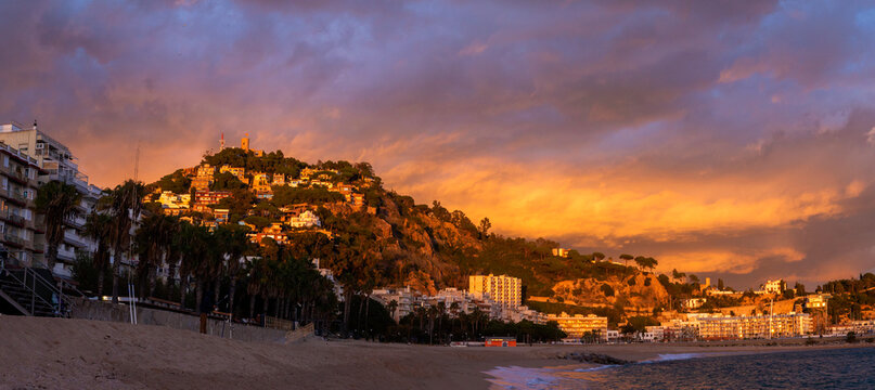 Panoramic view of Blanes municipality at sunset, Costa Brava, Girona province, Catalonia, Spain