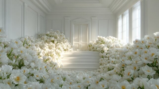 Room inside a house turned into a sea of pure white flowers only, peaceful elegance, empty podium in the center, soft glowing light, 8k