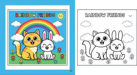 Fototapeta premium Cute Cartoon Cat and Rabbit Under a Rainbow