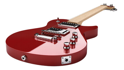 Isolated classic red electric guitar with polished chrome hardware and light wood neck design © Sindre