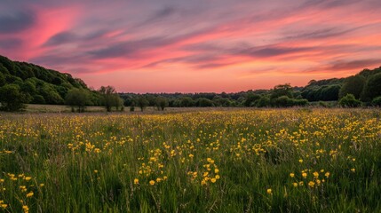 Obraz premium English countryside at sunset with yellow wildflowers and green grass under vibrant pink clouds, peaceful serene landscape with trees, colorful sky and golden hour light showing natural beauty