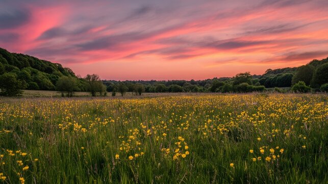 English countryside at sunset with yellow wildflowers and green grass under vibrant pink clouds, peaceful serene landscape with trees, colorful sky and golden hour light showing natural beauty