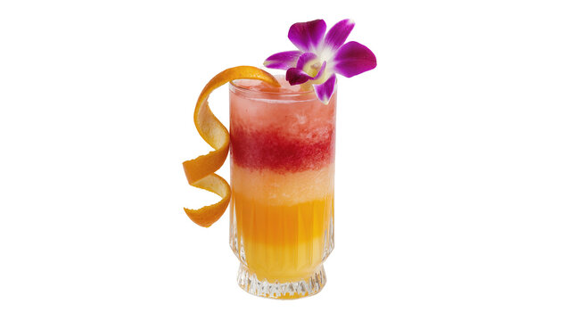 Isolated layered tropical cocktail with orange peel twist and vibrant purple orchid garnish