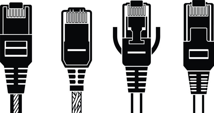 Ethernet cable connectors set RJ45 network plug icons vector illustration black silhouette internet connection technology equipment isolated on white background collection