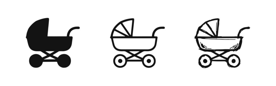 Baby Stroller, Pram, Pushchair Icon Set with Solid, Outline, and Hand-Drawn Styles for Childcare Concepts