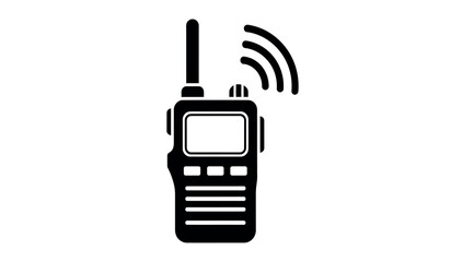 A black and white illustration of a handheld two way radio device with antenna and signal waves © Apai