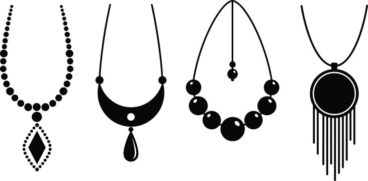 Necklace jewelry icon collection featuring bead pendant statement and tassel necklaces in elegant minimal solid vector style isolated for fashion accessories design