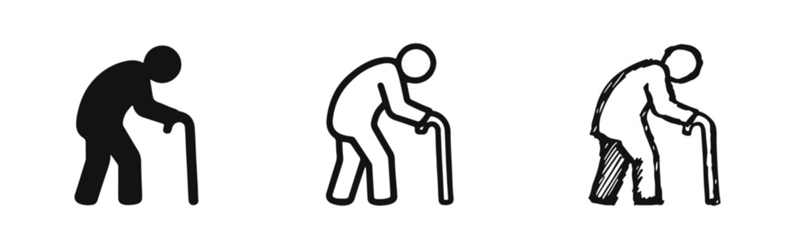 Icons of Elderly Person Leaning on Cane: Multiple Styles for Health, Age, and Assisted Living Concepts