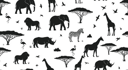 African safari animal silhouettes collection, elephant lion giraffe zebra rhinoceros acacia trees pattern, wildlife nature set, cad drawing flat vector illustration. © Mehedi
