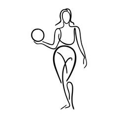 Mujer sujetando una pelota. Dibujo sencillo con línea única de secuencia de acción deportiva con jugadora de voleibol © teracreonte