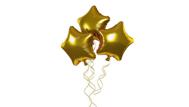 Isolated three shiny gold star foil balloons with ribbons for celebration and party decoration.