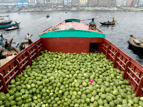 Aerial view of a boat laden with watermelons, a vibrant green contrast against the dark river waters, with buildings lining the distant shore, Dhaka, Dhaka Division, Bangladesh.