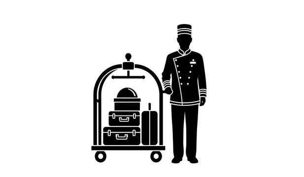 A hotel porter standing beside a luggage cart with suitcases and a hat