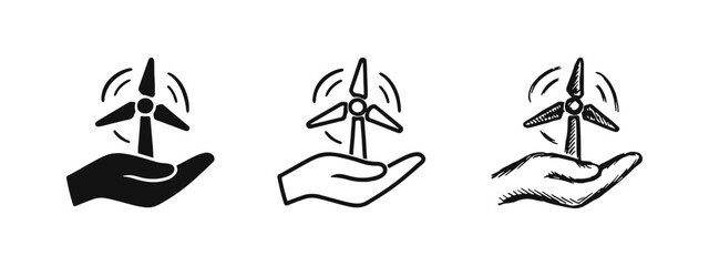 Hand supporting wind turbine icon set for green energy solutions, symbolizing environmental commitment.