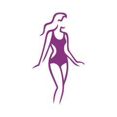 Logotipo con dibujo con líneas de una mujer con bikini de estilo retro, posando de pie © teracreonte