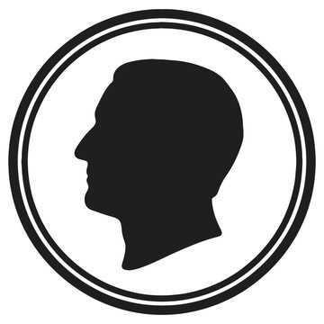 Silhouette of a mans head profile in a circular frame with double border lines isolated on transparent background