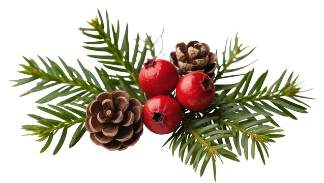 Isolated evergreen sprig with festive pinecones and bright red berries, traditional winter decoration
