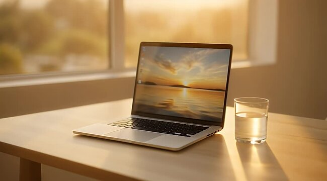 Laptop and water glass on table by window in warm golden light, sunset on screen