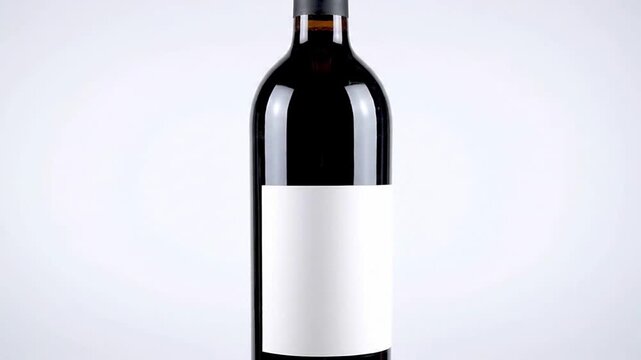 Close-up of a dark red wine bottle with a blank white label, perfect for showcasing custom branding, product packaging design, beverage advertising, and promotional mock-ups.