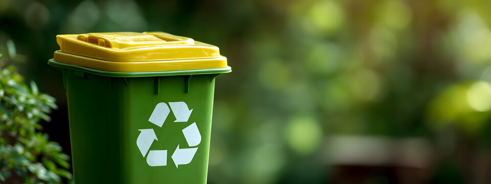 Vibrant green recycling bin with a yellow lid, set against a lush, blurred natural background, symbolizing eco-friendly waste management and environmental preservation for a sustainable future