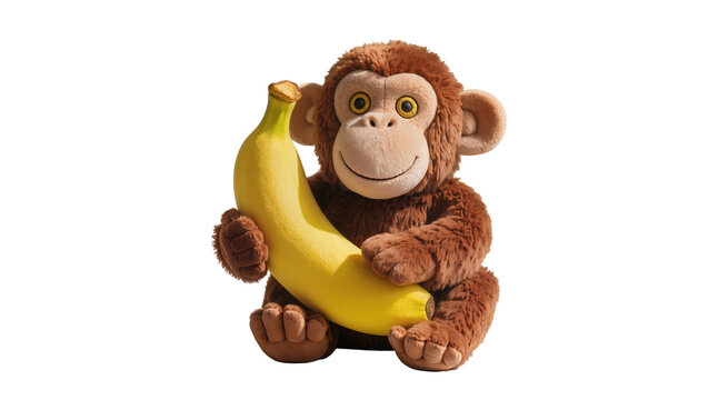 Isolated brown fluffy toy monkey happily holding a fresh yellow banana, cute and cuddly animal