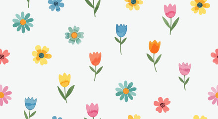 Cute pastel floral background with tulips, daisies, and berries in playful hand drawn style illustration © Atsy