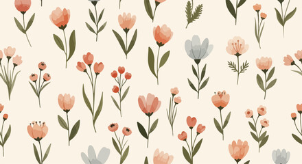 Seamless spring garden pattern with cute flowers, leaves, and berries in soft pastel illustration style © Atsy