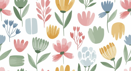 Sweet spring flower pattern with colorful blossoms, leaves, and berries in soft tones on bright white background © Atsy