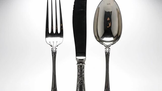 Luxurious silver cutlery set: fork, knife, spoon. Perfect for elegant dining, gourmet restaurants, catering, and special occasions. Vintage kitchenware for a refined table setting and culinary...