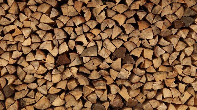 Firewood is stacked carefully in a pile, showing different sizes and shapes. It appears ready for use during winter months. Sunlight brings out the color and texture of the wood.