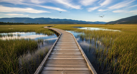 Fototapeta premium Rustic Wooden Boardwalk Path Wetland Marsh Grasses Mountain Backdrop