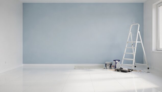 Minimalist room undergoing renovation: a white ladder stands beside paint cans against a freshly painted light blue wall conveying a sense of calm balance and the clean transformation of a modern spac