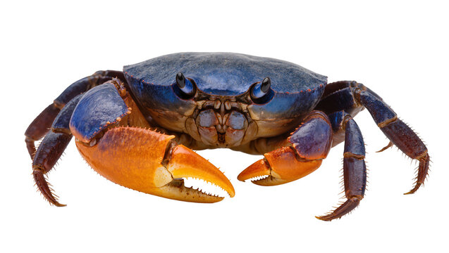 Isolated blue crab with striking orange claws, a vibrant marine crustacean studio shot