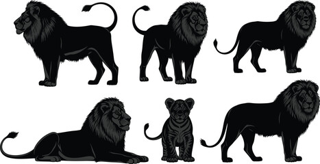 Collection of male lion silhouettes and a cute cub featuring majestic stags in standing and lying poses for wildlife design. © Mehedi