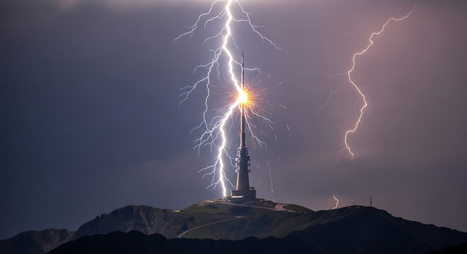 Lightning Bolt Striking Radio Tower on Mountain Peak Technology vs Nature