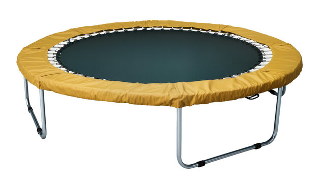 Isolated round backyard trampoline with yellow safety pad and dark green jumping mat for fun