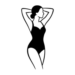 Logotipo con dibujo con líneas de una mujer con bikini de estilo retro, posando de pie con los brazos en la cabeza  © teracreonte