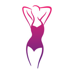 Logotipo con dibujo con líneas de una mujer con bikini de estilo retro, posando de pie con los brazos en la cabeza  © teracreonte