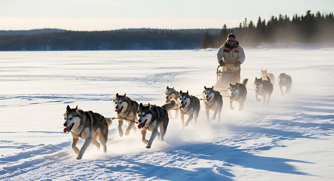 frozen lake winter with dog sled team racing across ice